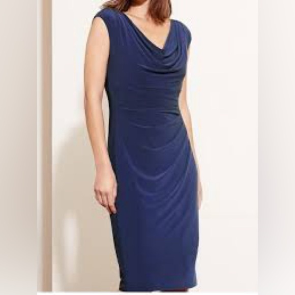 Ralph Lauren Navy Blue Draped Sheath Dress Cap Sleeve Ruched Midi Classic Size 2 - Picture 8 of 9